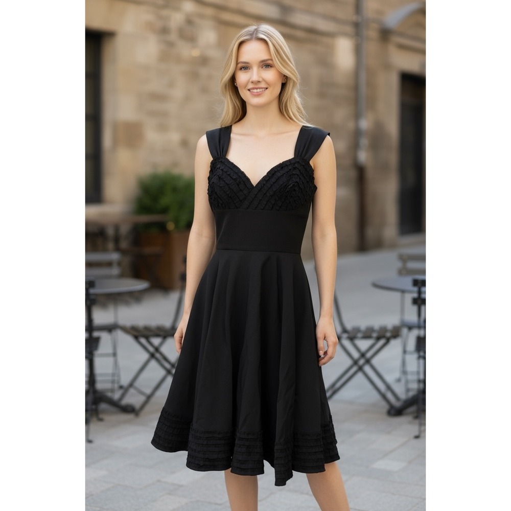 Candice Gwinn New Orleans Black Dress Ruffle Trim Fit‎ & Flare Midi Party Sz 8